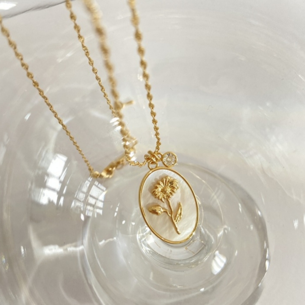 Pearl Shell Simulated Gemstone Floral Necklaces Dipped in Fine 14K Gold